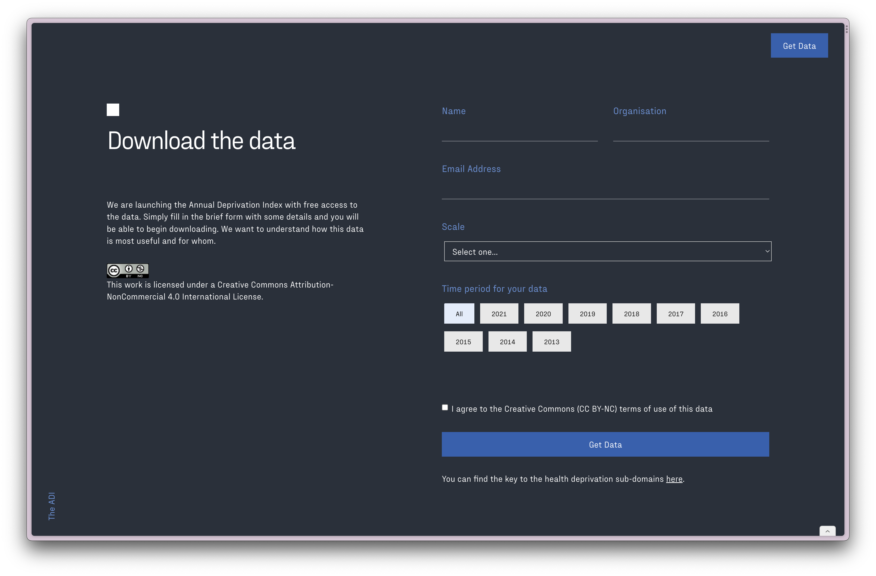 Screenshot of the ADI Sign up form