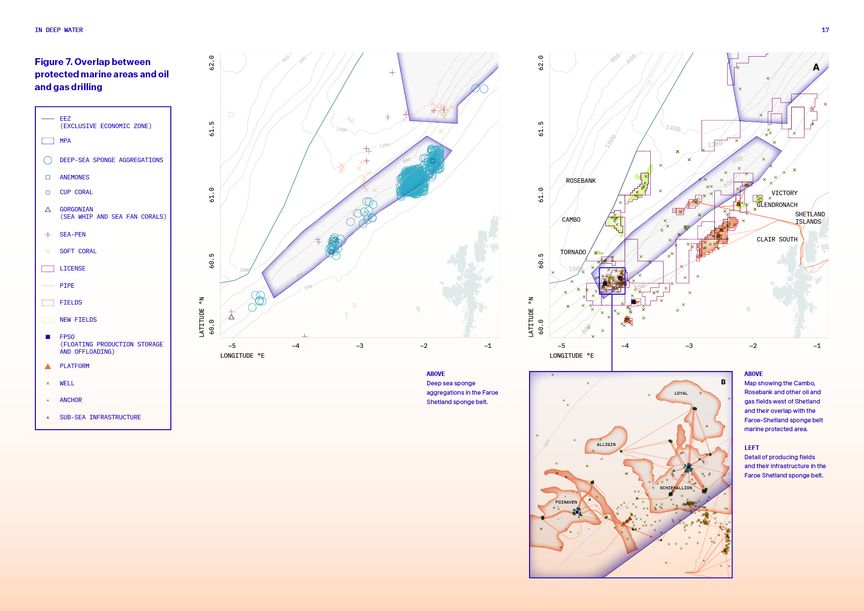 A double page spread showing two maps of oil and gas extraction in the North Sea