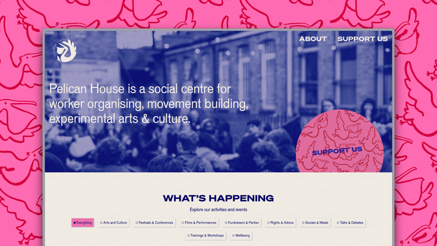 A screenshot of the Pelican House homepage, showing an overview of the social centre programme