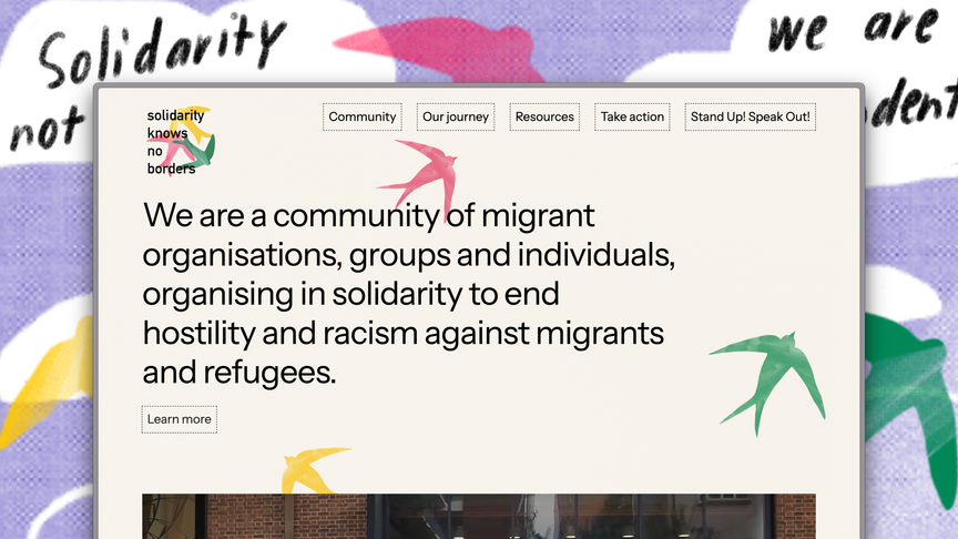 The SKNB homepage, which says "We are a community of migrant organisations, groups and individuals, organising in solidarity to end hostility and racism against migrants and refugees."