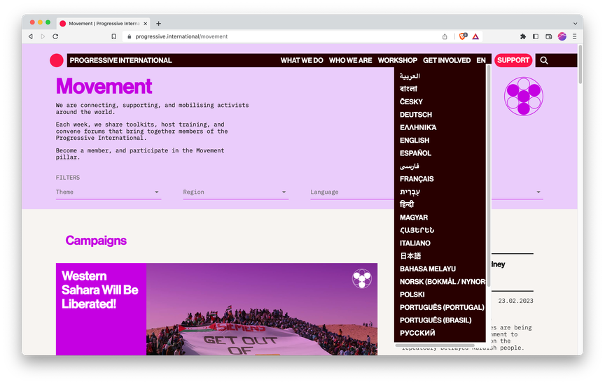 Screenshot of homepage, showing the various languages the website is able to be translated into.