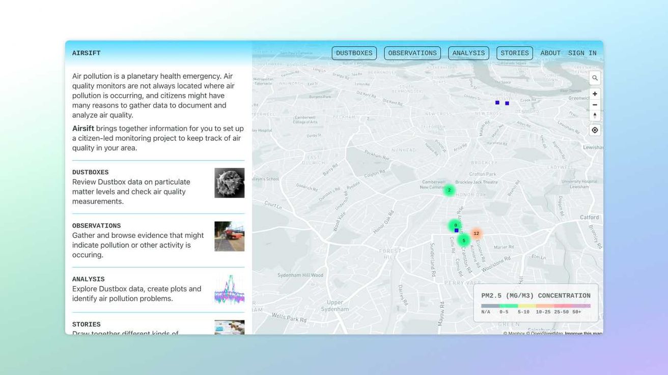 Screenshot of the campaign page, with a map containing coloured points of air-quality information.