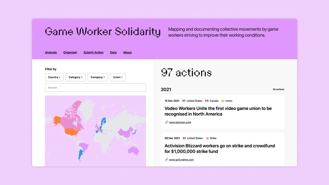 Screenshot of campaign homepage, with a map and a scrollable list of actions taken