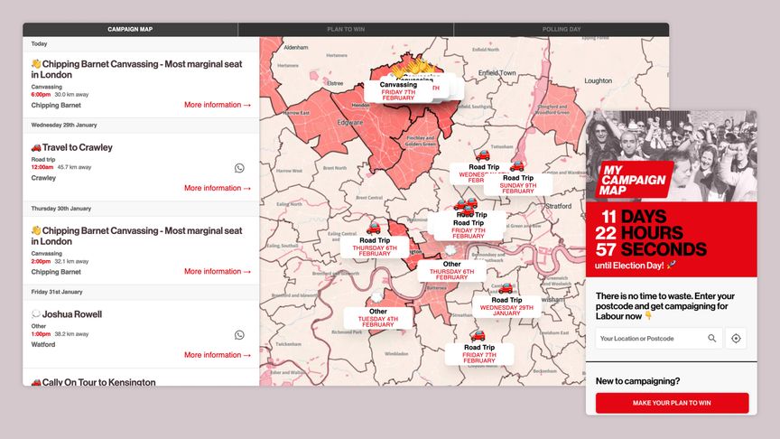 Desktop and mobile screenshots of my campaign map, showing local vote campaigns by constituency