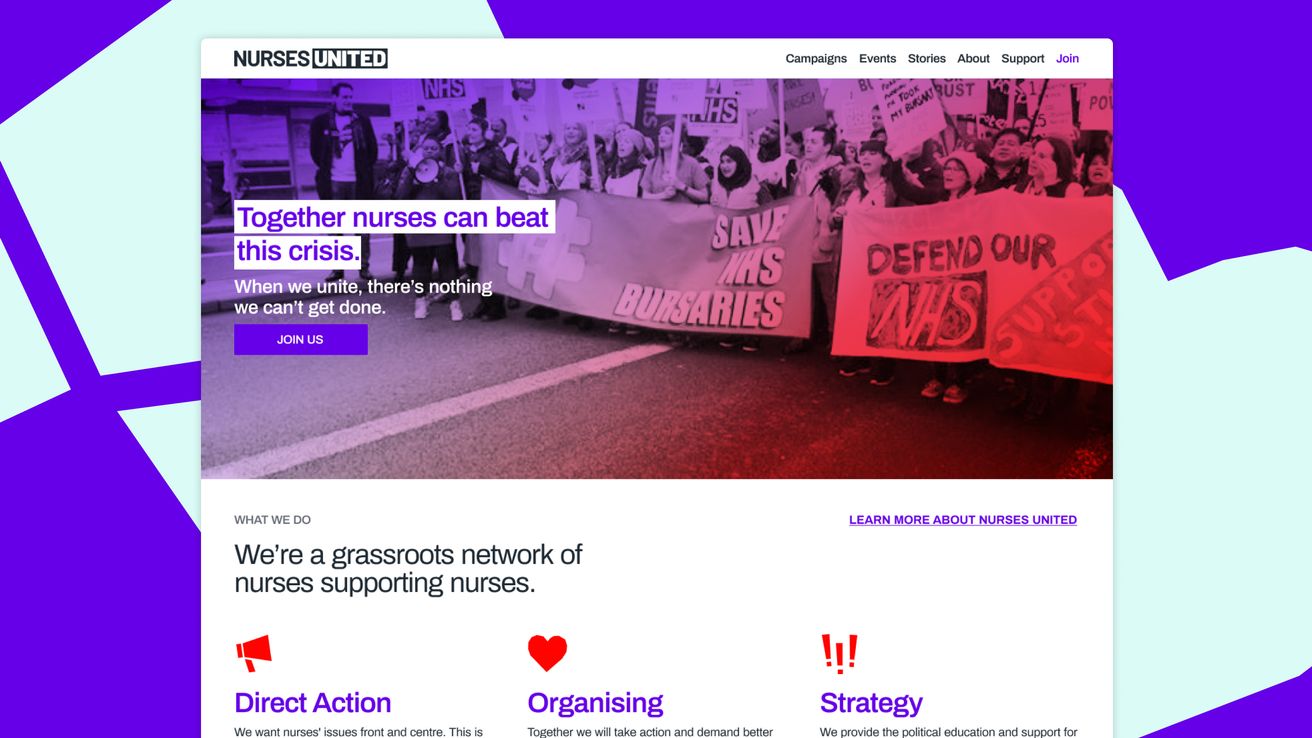 Screenshot of org homepage, with a photo of a protest in support of the NHS, alongside three goals