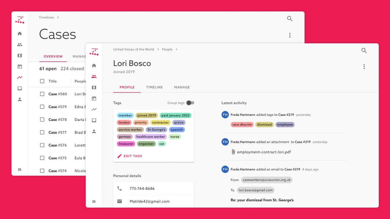 Two screenshots of the Journeys feature, showing a user's various tags, details and activities